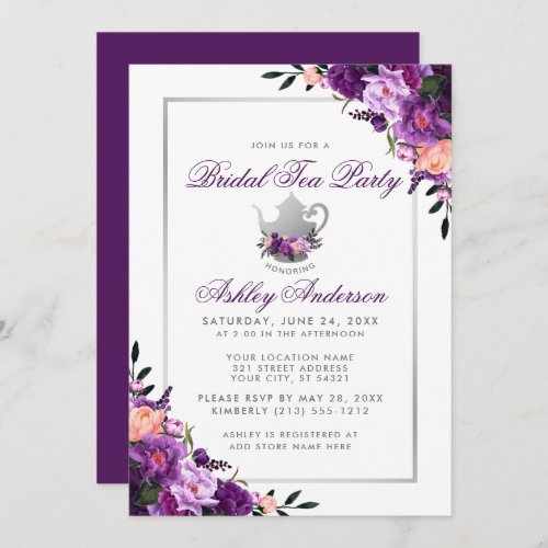 Purple Floral Bridal Shower Tea Party Invitation P