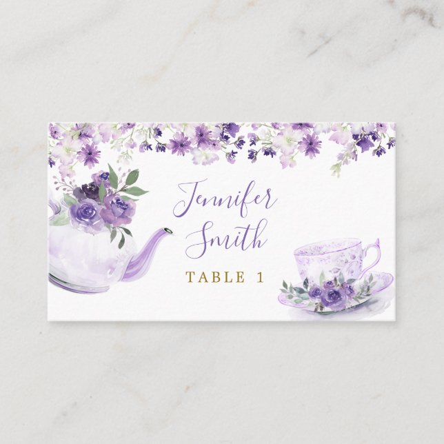 Purple Floral Bridal Shower Tea Party Place Card (Front)