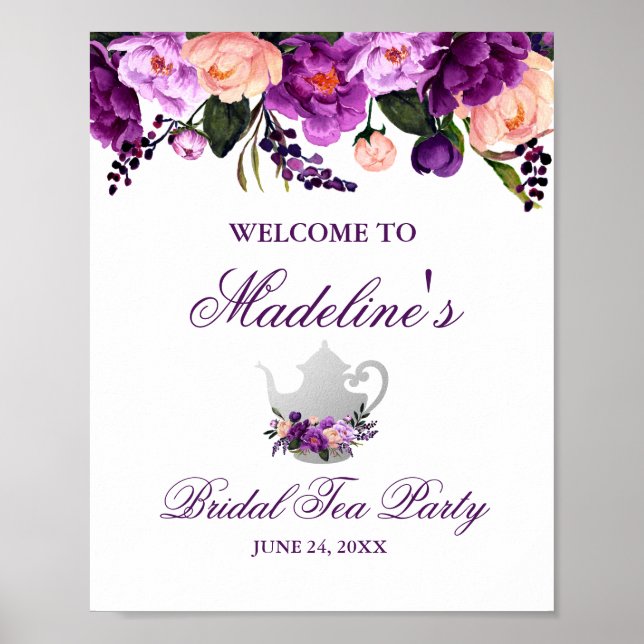 Purple Floral Bridal Shower Tea Party Welcome Poster (Front)