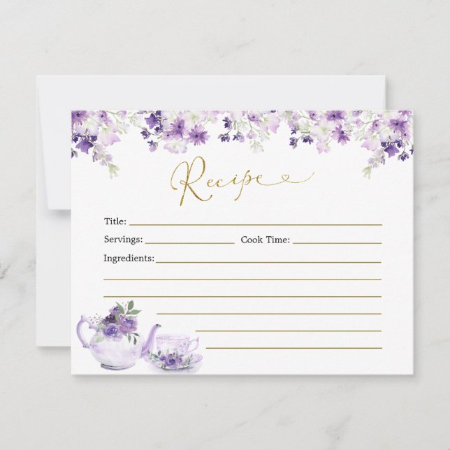 Purple Floral Bridal Shower Tea Recipe Card (Front)