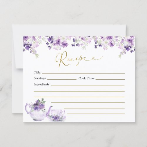 Purple Floral Bridal Shower Tea Recipe Card