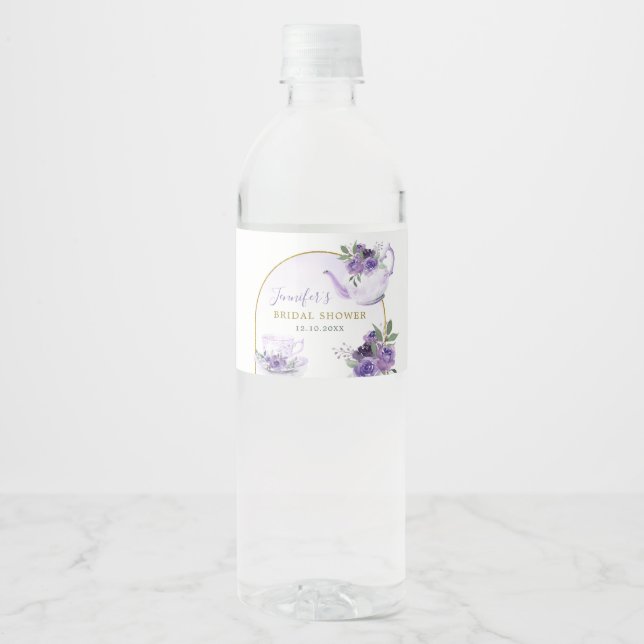 Purple Floral Bridal Shower Tea Water Bottle Label (Front)