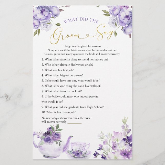 Purple Floral Bridal Shower Tea What Groom Say (Front)