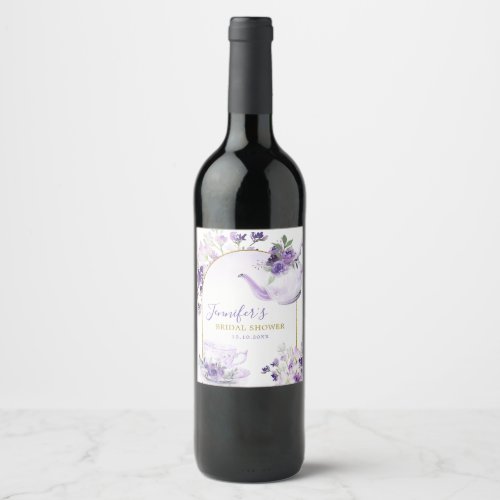 Purple Floral Bridal Shower Tea Wine Bottle Label