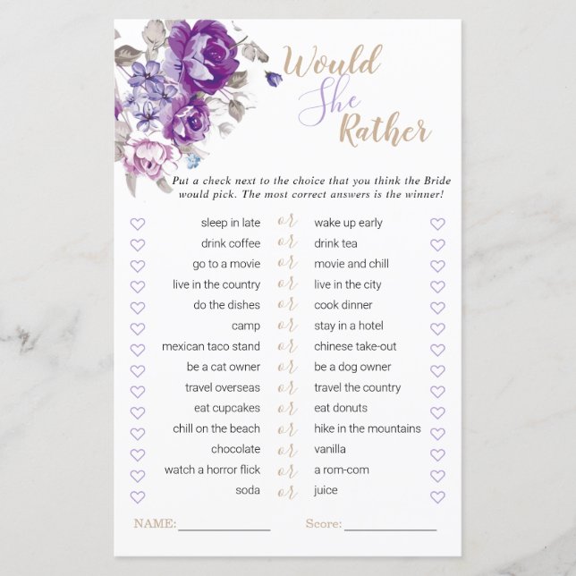 Purple Floral Bridal Shower Would She Rather Game (Front)