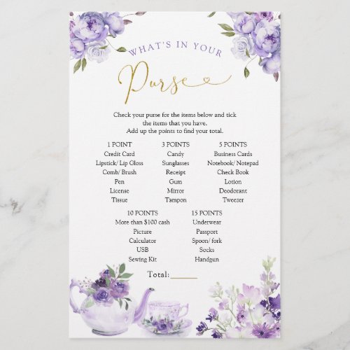 Purple Floral Bridal Tea Whats in Your Purse Game