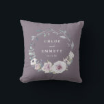 Purple Floral Bridal Wedding Couple Throw Pillow<br><div class="desc">Elegant and chic blush purple flowers create a beautiful wreath. It frames the wedding couple's names and wedding date. The newlyweds will love using this lovely reminder of their special day. This personalized wedding pillow is part of the Blush Violet collection. It contains many gift ideas for the newlyweds, bridal...</div>