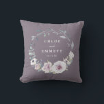 Purple Floral Bridal Wedding Couple Throw Pillow<br><div class="desc">Elegant and chic blush purple flowers create a beautiful wreath. It frames the wedding couple's names and wedding date. The newlyweds will love using this lovely reminder of their special day. This personalized wedding pillow is part of the Blush Violet collection. It contains many gift ideas for the newlyweds, bridal...</div>