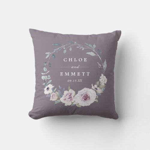 Purple Floral Bridal Wedding Couple Throw Pillow