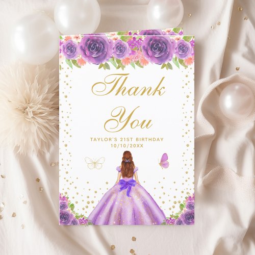 Purple Floral Brown Hair Girl Birthday Party Thank You Card