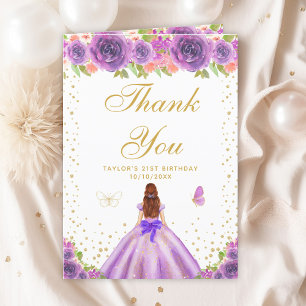 Purple Floral Brown Hair Girl Birthday Party Thank You Card