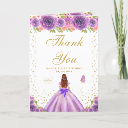 Purple Floral Brown Hair Girl Birthday Party Thank You Card