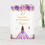 Purple Floral Brown Hair Girl Happy Birthday Card<br><div class="desc">This elegant and glamorous birthday card can be personalized with a name or title such as daughter, granddaughter, niece, friend etc. The design features a beautiful princess with brown red hair and fair skin in a purple ball gown. The text combines handwritten script and modern sans serif fonts for a...</div>