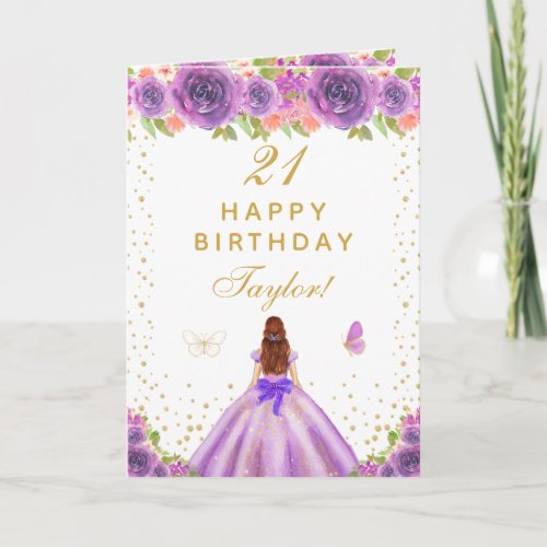 Purple Floral Brown Hair Girl Happy Birthday Card