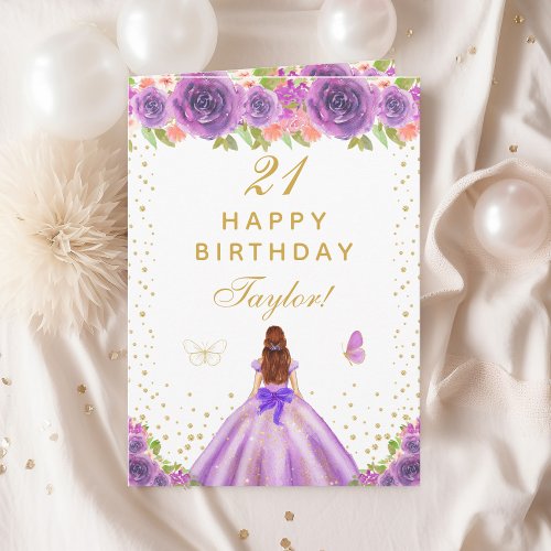 Purple Floral Brown Hair Girl Happy Birthday Card