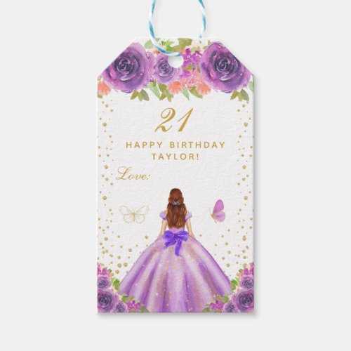 Purple Floral Brown Hair Girl Happy Birthday Gift Tags