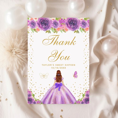 Purple Floral Brown Hair Girl Sweet Sixteen Thank You Card