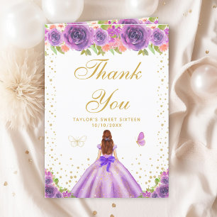 Purple Floral Brown Hair Girl Sweet Sixteen Thank You Card