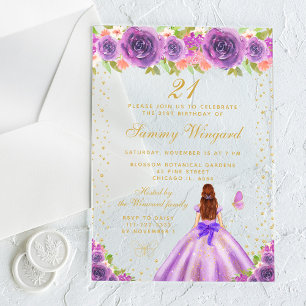 Purple Floral Brown Hair Princess Birthday Party Acrylic Invitations