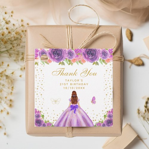 Purple Floral Brown Hair Princess Birthday Party Favor Tags