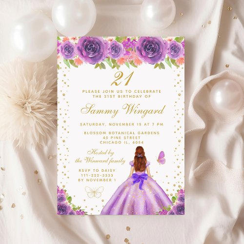Purple Floral Brown Hair Princess Birthday Party Invitation