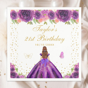 Purple Floral Brown Hair Princess Birthday Party Napkins