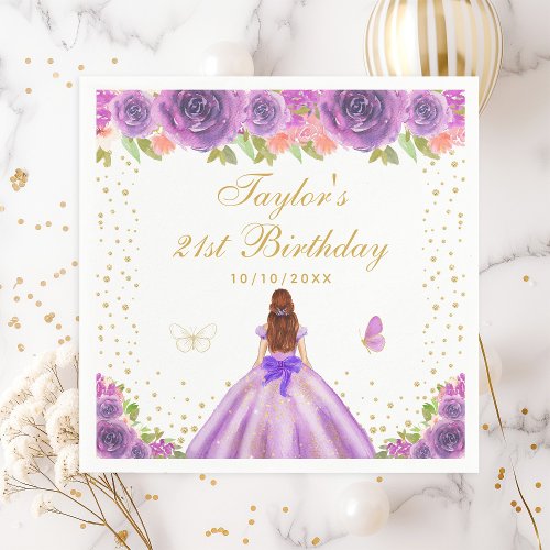 Purple Floral Brown Hair Princess Birthday Party Napkins