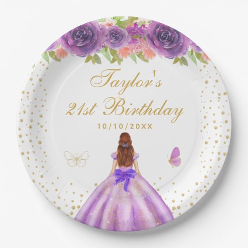 Purple Floral Brown Hair Princess Birthday Party Paper Plates
