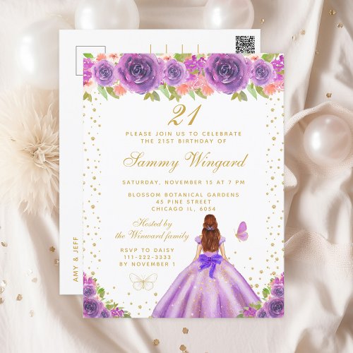 Purple Floral Brown Hair Princess Birthday Party Postcard