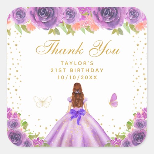 Purple Floral Brown Hair Princess Birthday Party Square Sticker