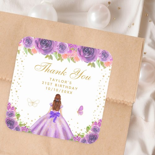 Purple Floral Brown Hair Princess Birthday Party Square Sticker