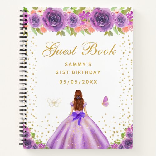 Purple Floral Brown Hair Princess Guest Book