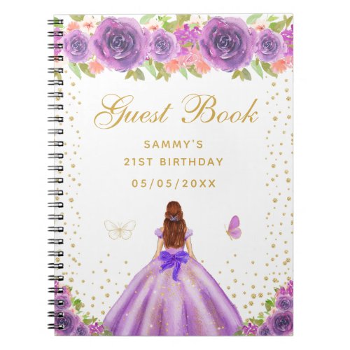 Purple Floral Brown Hair Princess Guest Book