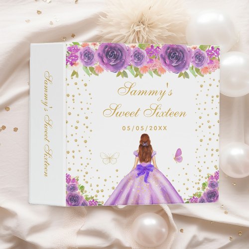 Purple Floral Brown Hair Princess Sweet Sixteen 3 Ring Binder