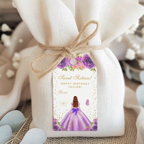 Purple Floral Brown Hair Princess Sweet Sixteen Gift Tags