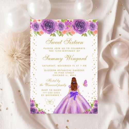 Purple Floral Brown Hair Princess Sweet Sixteen Invitation