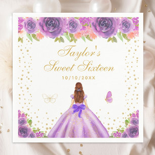 Purple Floral Brown Hair Princess Sweet Sixteen Napkins