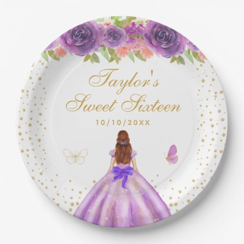 Purple Floral Brown Hair Princess Sweet Sixteen Paper Plates