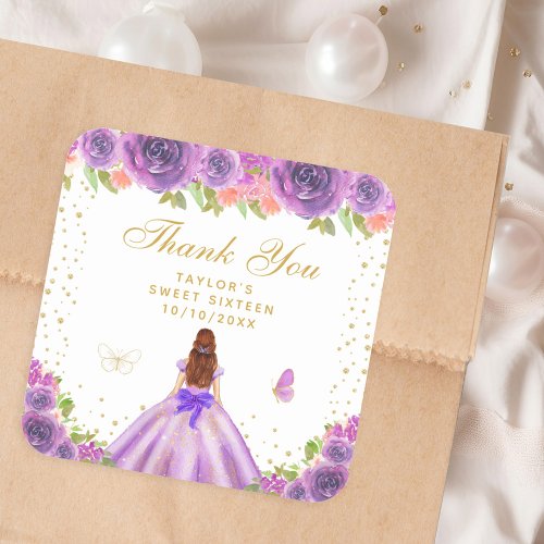 Purple Floral Brown Hair Princess Sweet Sixteen Square Sticker