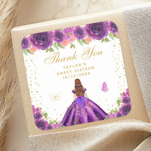 Purple Floral Brown Hair Princess Sweet Sixteen Square Sticker