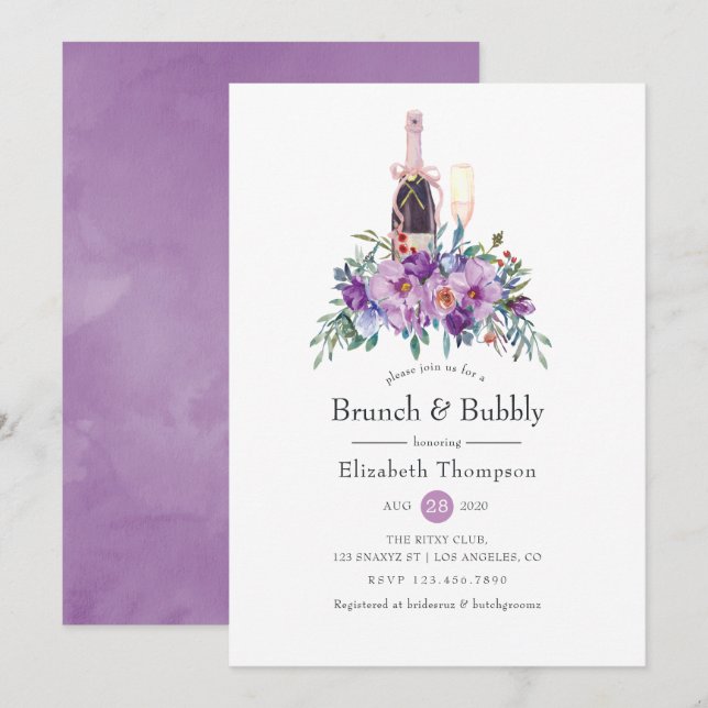 Purple Floral Brunch and Bubbly Bridal Shower Invitation (Front/Back)