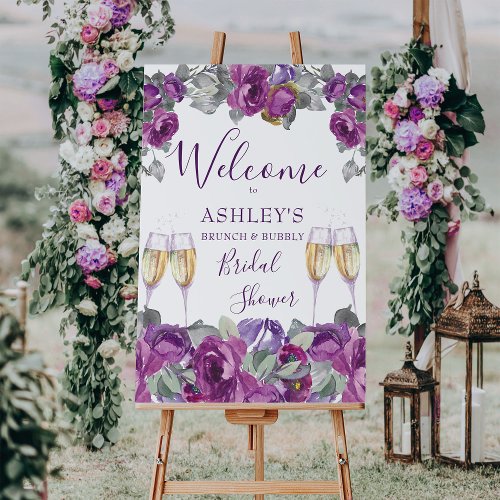 Purple Floral Brunch and Bubbly Welcome Sign Board