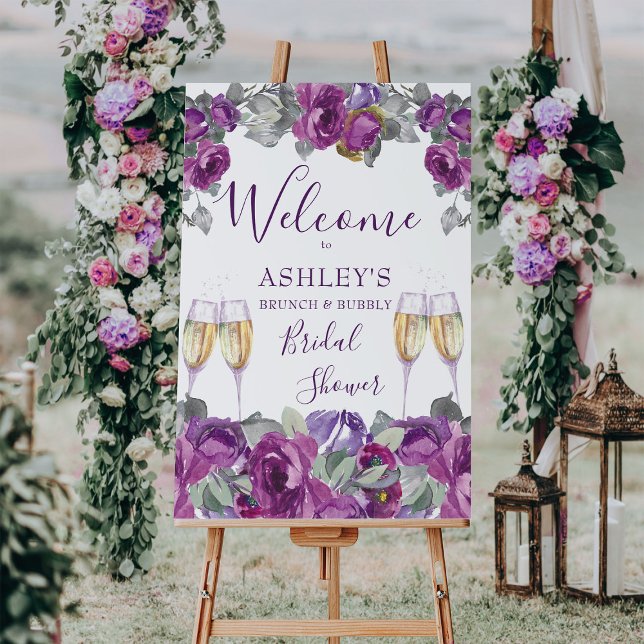 Purple Floral Brunch and Bubbly Welcome Sign Board (Brunch & Bubbly Welcome Sign from the Plush Purple Floral Collection by Darling & May)