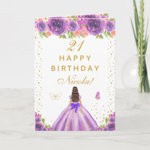 Purple Floral Brunette Hair Girl Birthday Card
