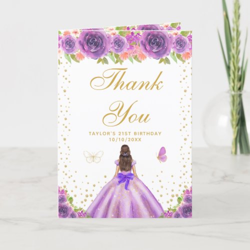 Purple Floral Brunette Hair Girl Birthday Party Thank You Card