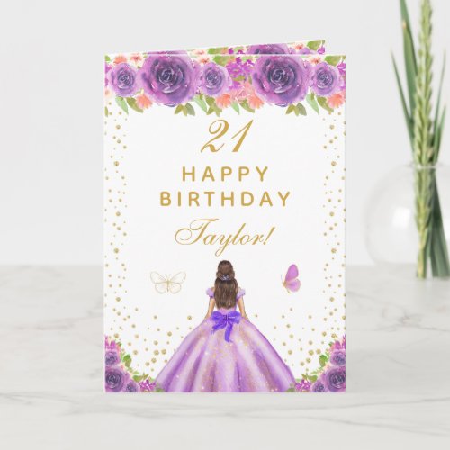 Purple Floral Brunette Hair Girl Happy Birthday Card