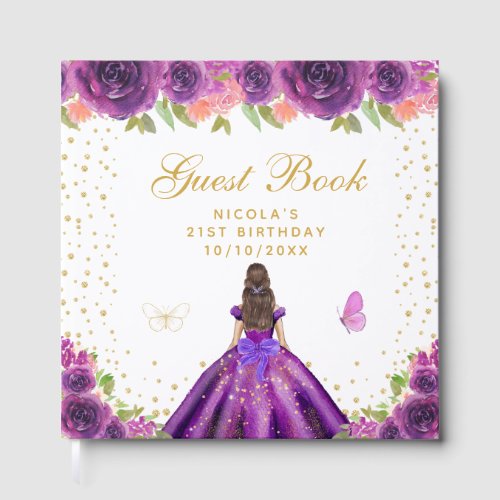 Purple Floral Brunette Hair Princess Birthday  Guest Book