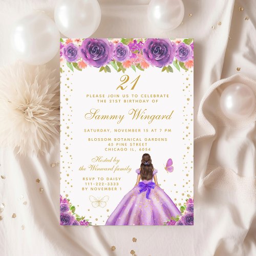 Purple Floral Brunette Hair Princess Birthday Invitation