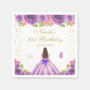 Purple Floral Brunette Hair Princess Birthday Napkins