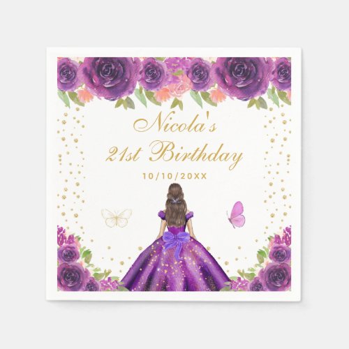 Purple Floral Brunette Hair Princess Birthday  Napkins